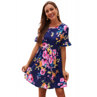 Dark Blue Ruffled Short Sleeve Floral Dress