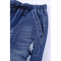 Blue Pocketed Distressed Denim Joggers