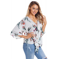 White Flowery Print Tie Front Kimono Sleeve Blouse