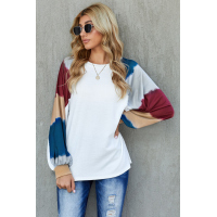 White Lantern Sleeve Color Block Pullover Loose T-shirts