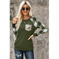 Green Plaid Splicing Sequined Pocket Long Sleeve Top