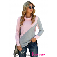 Pink Turtle Neck Sloping Color Block Long Sleeve Top