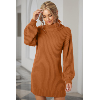 Brown Turtleneck Balloon Sleeve Sweater Dress