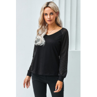 Black Sheer Stripe V-Neck Top 