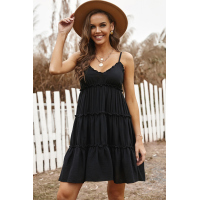 Black Spaghetti Straps Ruched Ruffled Mini Dress