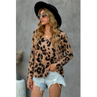 Brown Casual Leopard Print Long Sleeves T-shirt