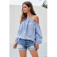 Blue Striped Off Shoulder Halter Blouse