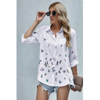 White Butterfly Print Pocketed Shirt