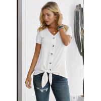 White Button Up Front Tie Detail Woven Top