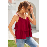 Red Spaghetti Straps Layered Ruffled Tank Top