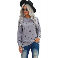 Gray Round Neck Star Print Long Sleeve Top