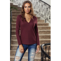 Wine V Neck Cotton Blend Long Sleeve Top