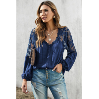 Blue V Neckline Lace Shoulder Patchwork Blouse