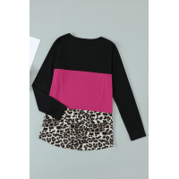 Rosy Leopard Print Color Block Sequin Pocket Top