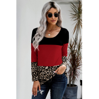 Red Colorblock Leopard Triple Patchwork Long Sleeve Top