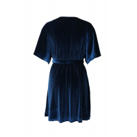 Blue V-neck Half Sleeve Velvet Mini Dress with Belt