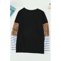 Brown Leopard Striped Patchwork Long Sleeve Top with Pocket