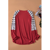 Red Striped Animal Print Colorblock Long Sleeve Top