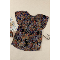 Multicolor V-neck Short Sleeve Fashion Print Fantasy Fluttering Blouse