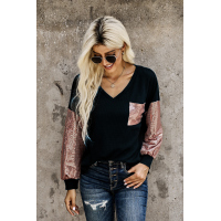 Sequin Splicing V Neck Bishop Sleeves Top