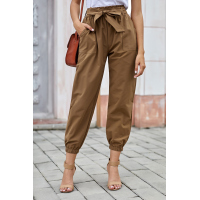 Khaki Solid Color Frock-style Pants with Belt