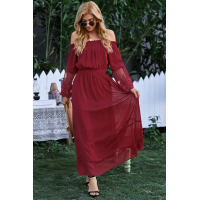 Wine Off Shoulder Embroidered Flared Sleeve Lace Maxi Dress