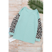 Sky Blue Crisscross V Neck Leopard Sleeve Blouse