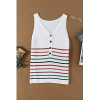 White V Neck Striped Pattern Knit Tank Top with Buttons