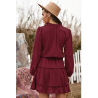 Wine V Neck Long Sleeve Ruffle Tiered Mini Dress