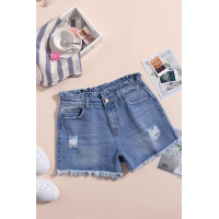 Sky Blue High Rise Ruffle Waist Denim Shorts