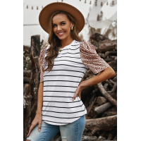 Leopard Ruffle Sleeve Striped T-shirt