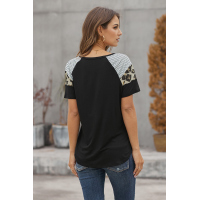 Black Striped Leopard Print Short Sleeve Women T-shirt