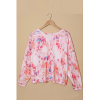 Pink Tie-dye V Neck Long Sleeve Top