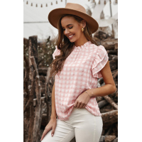 Pink Plaid Ruffled Short Sleeves Tee