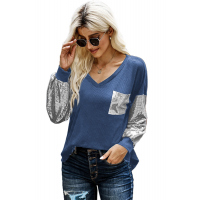 Sequin Splicing Blue V Neck Bishop Sleeves Top