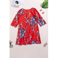 Orange V Neck 3/4 Roll Sleeve Button Floral Dress