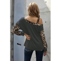 Gray Dew Shoulder Leopard Stitching Long-sleeved Blouse