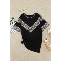 Black Leopard Splicing Waffle Knit Short Sleeve Tee