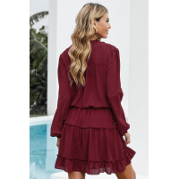 Wine V Neck Long Sleeve Ruffle Tiered Mini Dress