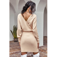 Beige Wrap V Neck Batwing Sleeves Ribbed Sweater Dress