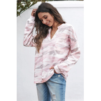 Pink Split Neck Camo Thermal Knit Top