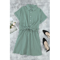 Green Polka Dot Shirt Collar Short Sleeve Mini Dress