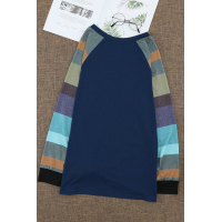 Blue Color Block Striped Twisted Knot Long Sleeve Top