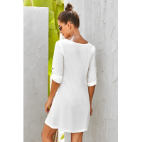 White V Neck Button Front Roll up Tab Sleeve Dress