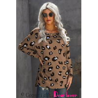 Brown Crew Collar Leopard Print High/Low Hem Long Sleeve Top