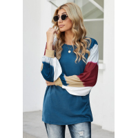 Blue Lantern Sleeve Color Block Pullover Loose T-shirts