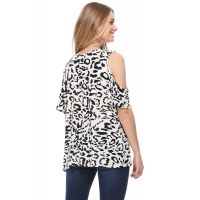 White Leopard Print Cold Shoulder Top