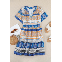 Beige Accent Color Block Bohemian Print Short Sleeve Mini Dress 