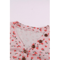 Pink Button V Neck Long Sleeve Floral Top