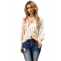 Apricot Crewneck Floral Printed Balloon Sleeves Blouse